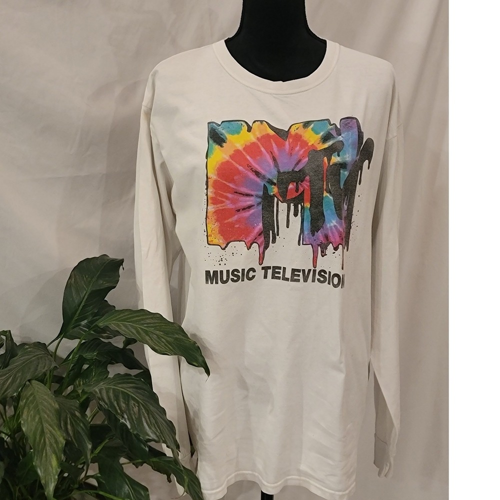 MTV Music Television Long Sleeve Graphic Tee White Tie Dye Logo‎ Mens Large